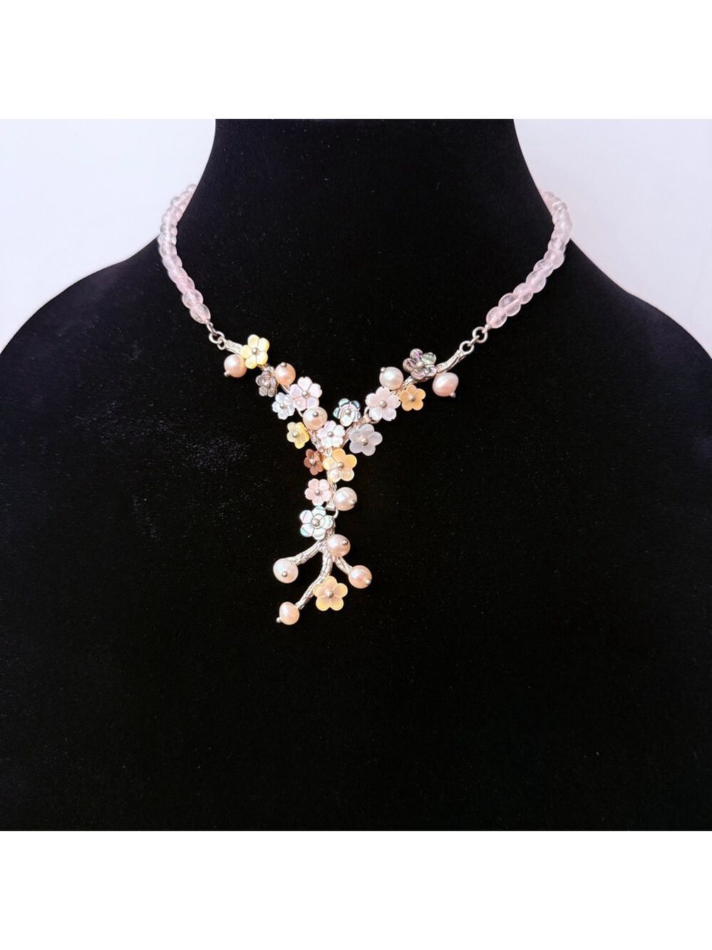 Whitney Kelly Rose Quartz MOP Pearl Mosaic Flower Sterling Silver 925 Necklace - Picture 2 of 12